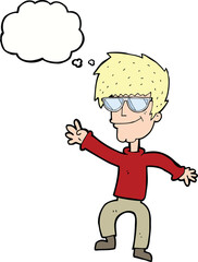 cartoon waving cool guy with thought bubble