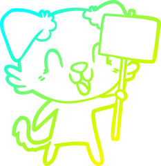 cold gradient line drawing laughing cartoon dog with sign