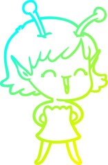 cold gradient line drawing cartoon alien girl laughing