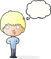 cartoon whistling boy with thought bubble