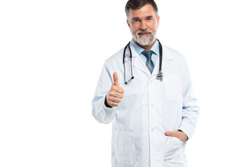 Cheerful mature doctor posing and smiling at camera, healthcare and medicine