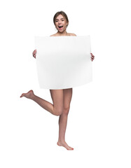 Sexy naked girl with a poster. Clean skin. Hair removed. Isolated on transparent background. For advertising and presentation