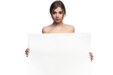 Sexy naked girl with a poster. Clean skin. Hair removed. Isolated on transparent background. For advertising and presentation