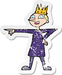 retro distressed sticker of a cartoon pointing prince