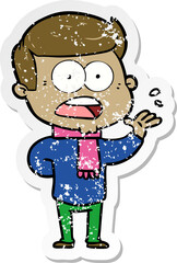 distressed sticker of a cartoon shocked man