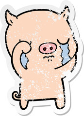 distressed sticker of a cartoon pig crying
