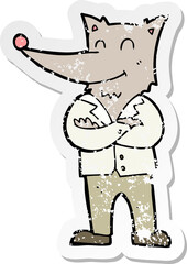 retro distressed sticker of a cartoon wolf in shirt