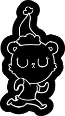peaceful cartoon icon of a bear running wearing santa hat