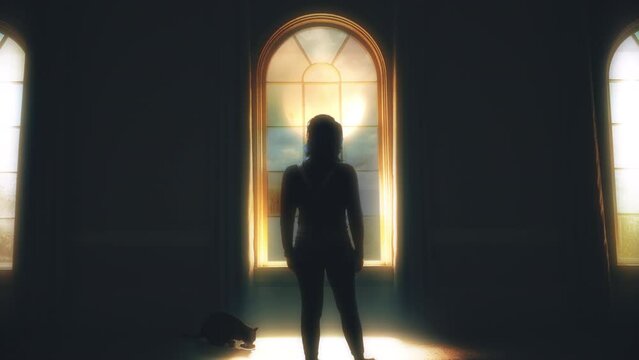 Moonlight Interior Woman Silhouette Standing Inside Zoom In. Silhouette of a woman standing in front of a window under moonlight with kitten eating on the ground. Zoom in