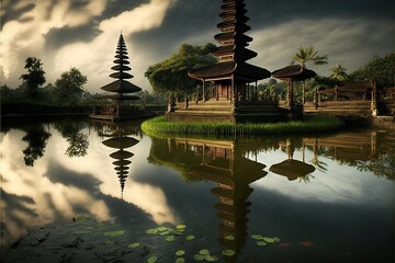 wonderful unique ancient building next to a pond