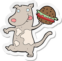 sticker of a cartoon hungry dog with burger