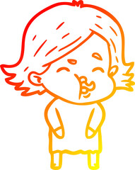 warm gradient line drawing cartoon girl pulling face
