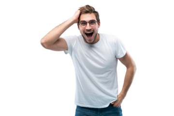 Portrait of young amazed man isolated on transparent background
