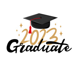 Graduate 2023.  Handwritten text with graduation cap. Template for design party high school or college, graduate invitations or banner. Vector illustration