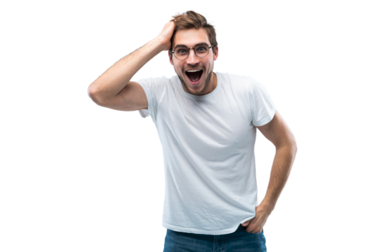 Portrait of young amazed man isolated on transparent background