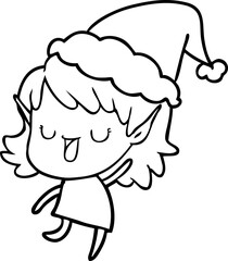 line drawing of a elf girl wearing santa hat