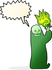 cartoon waving halloween ghoul with speech bubble