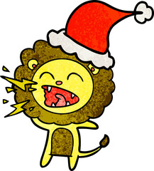 textured cartoon of a roaring lion wearing santa hat
