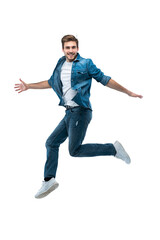 Full length portrait of a happy excited beardedman jumping and looking at camera isolated over transparent background - 580651943