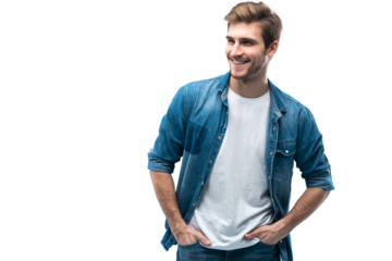 Portrait of stylish, stunning man in denim outfit standing over transparent background