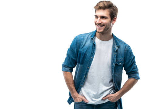 Portrait of stylish, stunning man in denim outfit standing over transparent background