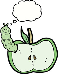 cartoon apple with bug with thought bubble