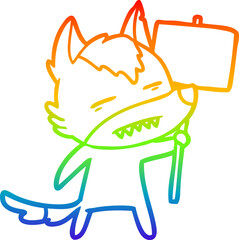 Obraz premium rainbow gradient line drawing cartoon wolf with sign post showing teeth