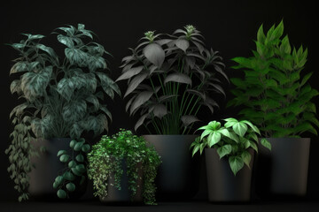 Fototapeta premium Plants in black pots on a black background. AI generative.