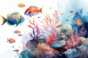Digital watercolor underwater sea life scenery fish and lots of coral