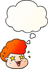 cartoon excited boy and thought bubble in smooth gradient style