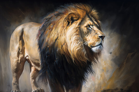 painting of a male lion with a magnificent mane created with Generative AI technology