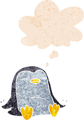cartoon penguin and thought bubble in retro textured style