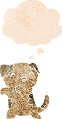 cute cartoon puppy and thought bubble in retro textured style