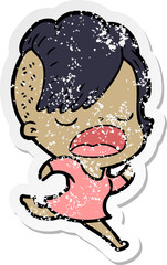 distressed sticker of a cartoon cool hipster girl talking
