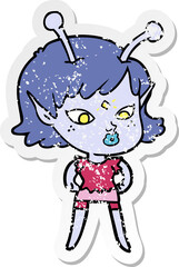 distressed sticker of a pretty cartoon alien girl