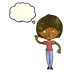 cartoon waving woman with thought bubble