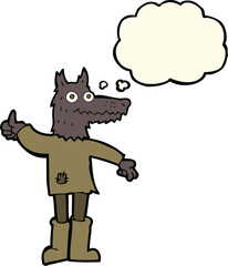 cartoon wolf man with thought bubble