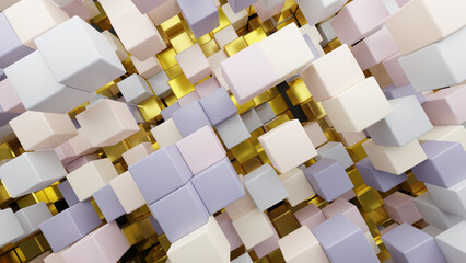 3D rendering wallpaper background of light-colored and golden random shuffled cubes in space