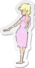 retro distressed sticker of a cartoon pretty woman looking at nails