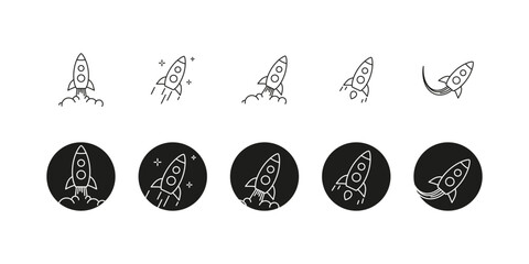Rocket launch and flying vector. Rockets button outline and circle shape flat icon set. Spaceship takeoff and fly symbol collection. 