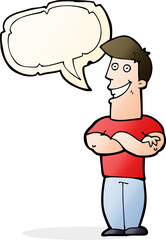 cartoon grinning man with speech bubble