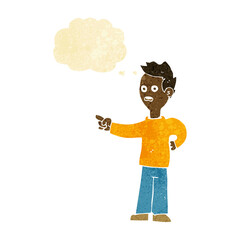 cartoon shocked boy pointing with thought bubble