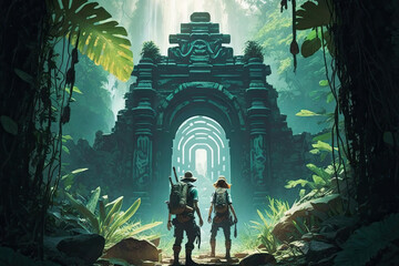 two adventurers with heavy backs stand in front of an ancient mayan temple in the jungle