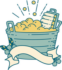 banner with tattoo style old washboard and scrubbing bowl