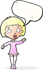 cartoon waving woman with speech bubble