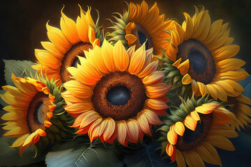 bouquet of big yellow sunflowers and green flowers, still life