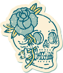distressed sticker tattoo style icon of a skull and rose