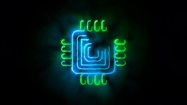 Modern digital technology animated element, sign of a semiconductor with colorful energetic outlines