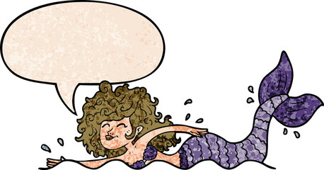 cartoon mermaid and speech bubble in retro texture style