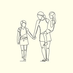 Mother adnd her children drawn in line art style